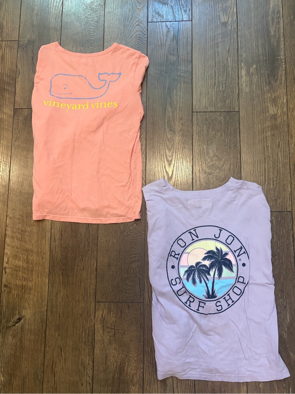 Vineyard Vines Coral Pink Whale and Ron Jon Purple long sleeve shirts